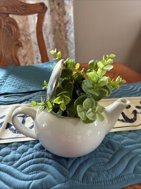 White Ceramic Teapot Planter with Green Faux Eucalyptus